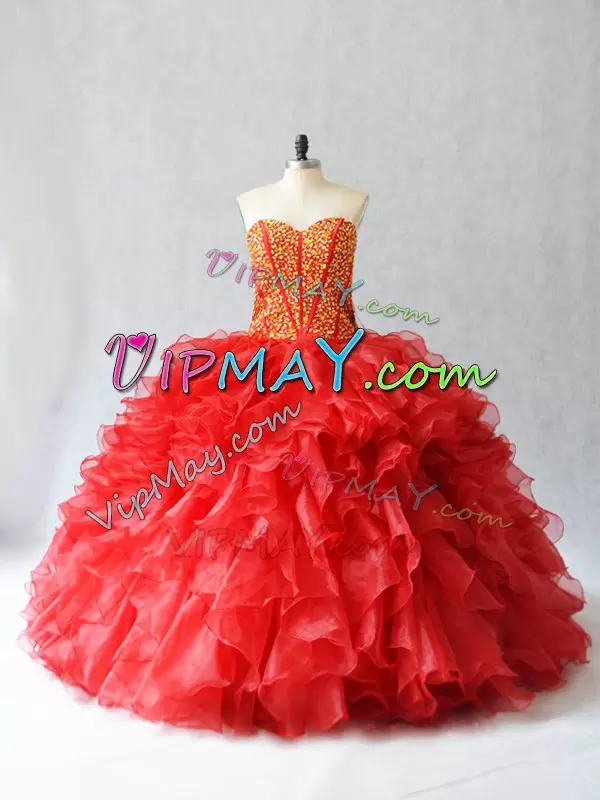 Beauteous Red Organza Lace Up Sweetheart Sleeveless Floor Length 15 Quinceanera Dress Beading and Ruffles