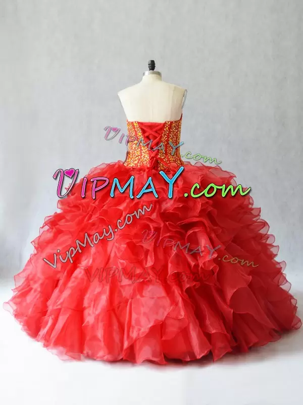 Beauteous Red Organza Lace Up Sweetheart Sleeveless Floor Length 15 Quinceanera Dress Beading and Ruffles