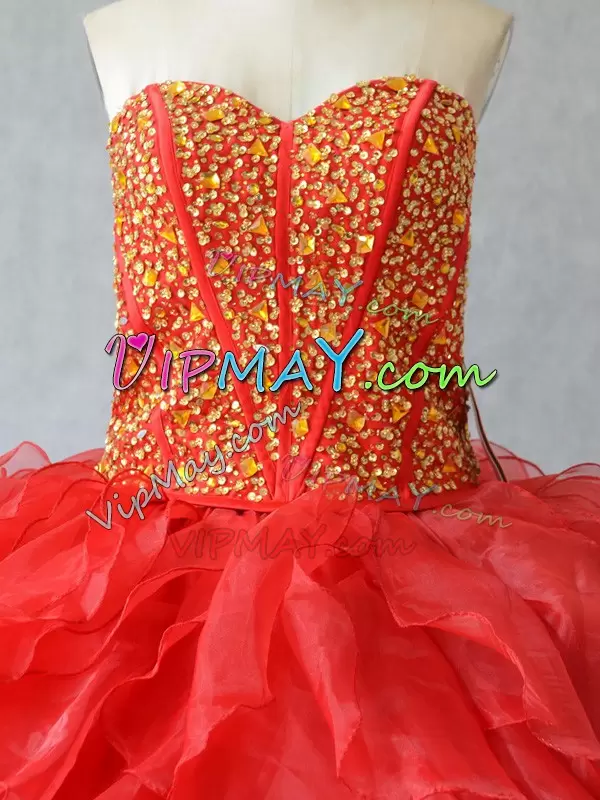 Beauteous Red Organza Lace Up Sweetheart Sleeveless Floor Length 15 Quinceanera Dress Beading and Ruffles