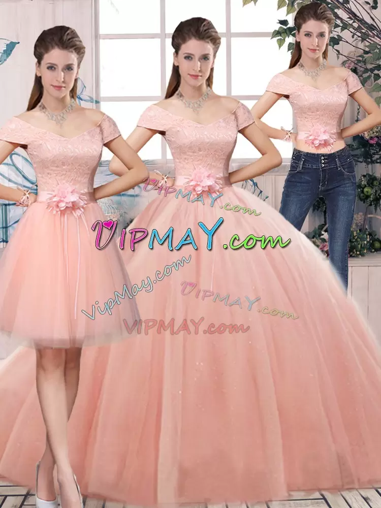 Trendy Three Pieces Quinceanera Dress Pink Off The Shoulder Tulle Short Sleeves Floor Length Lace Up