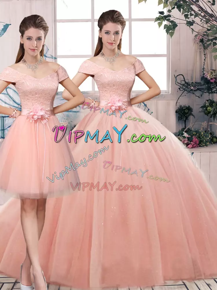 Trendy Three Pieces Quinceanera Dress Pink Off The Shoulder Tulle Short Sleeves Floor Length Lace Up