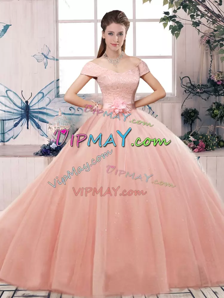 Trendy Three Pieces Quinceanera Dress Pink Off The Shoulder Tulle Short Sleeves Floor Length Lace Up