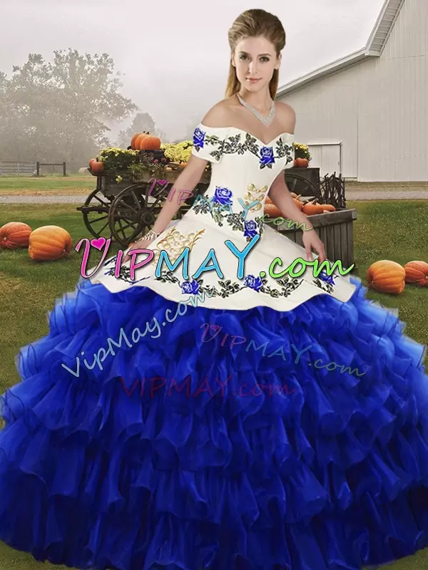 Elegant Ball Gowns Sweet 16 Dresses Royal Blue Off The Shoulder Organza Sleeveless Floor Length Lace Up