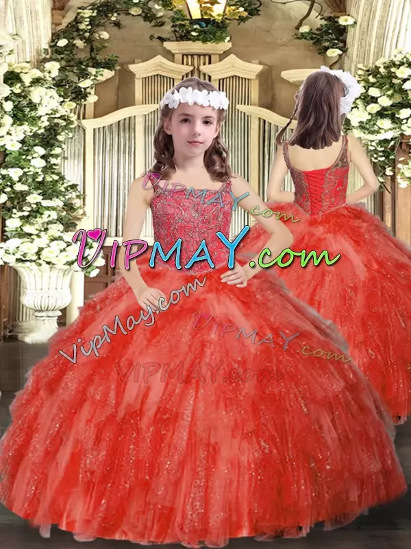 Smart Sleeveless Organza Floor Length Lace Up Quinceanera Dress in Red with Beading and Ruffles