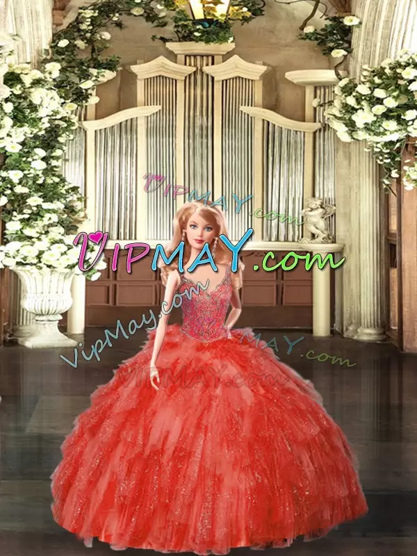 Smart Sleeveless Organza Floor Length Lace Up Quinceanera Dress in Red with Beading and Ruffles