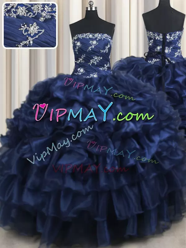 Spectacular Strapless Sleeveless Quinceanera Dress Floor Length Appliques and Ruffles and Pick Ups Navy Blue Organza