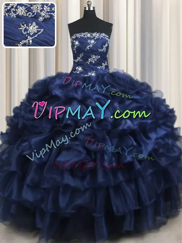 Spectacular Strapless Sleeveless Quinceanera Dress Floor Length Appliques and Ruffles and Pick Ups Navy Blue Organza