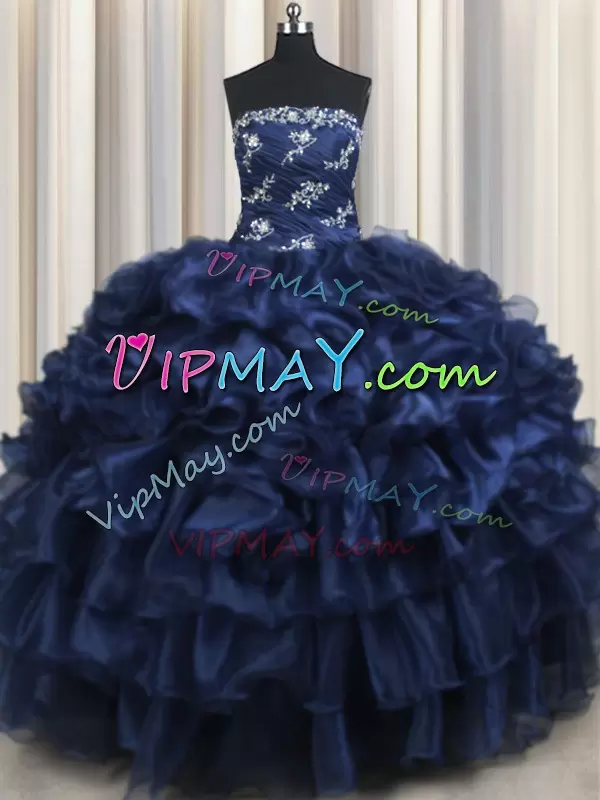 Spectacular Strapless Sleeveless Quinceanera Dress Floor Length Appliques and Ruffles and Pick Ups Navy Blue Organza