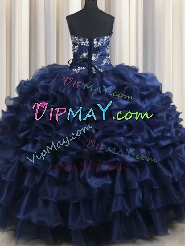 Spectacular Strapless Sleeveless Quinceanera Dress Floor Length Appliques and Ruffles and Pick Ups Navy Blue Organza