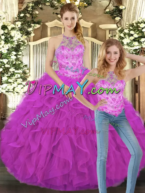 Sleeveless Floor Length Beading and Ruffles Lace Up Sweet 16 Dress with Fuchsia