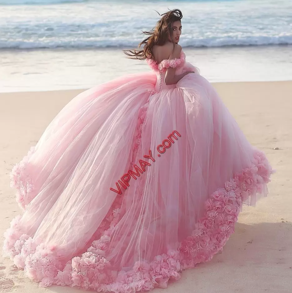 Super Pink Tulle Off The Shoulder Sleeveless With Train Sweet 16 Quinceanera Dress Brush Train Hand Made Flower