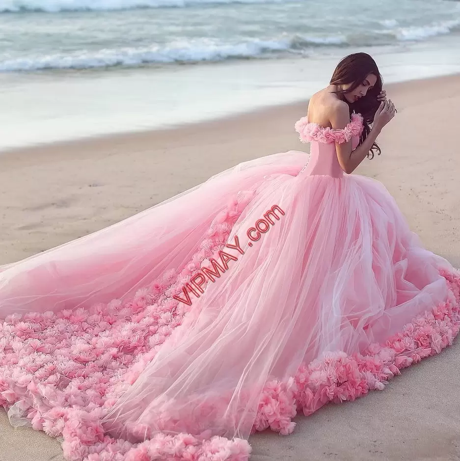 Super Pink Tulle Off The Shoulder Sleeveless With Train Sweet 16 Quinceanera Dress Brush Train Hand Made Flower