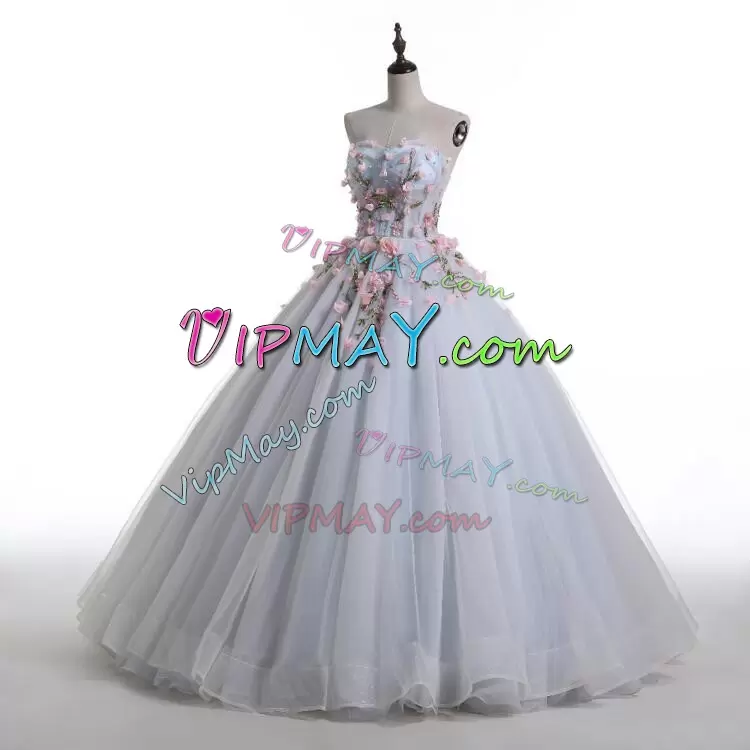 Pale Blue Cute 15 Quinceanera Dress with Light Pink 3D Flowers