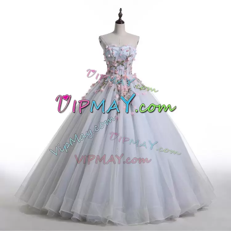 Pale Blue Cute 15 Quinceanera Dress with Light Pink 3D Flowers