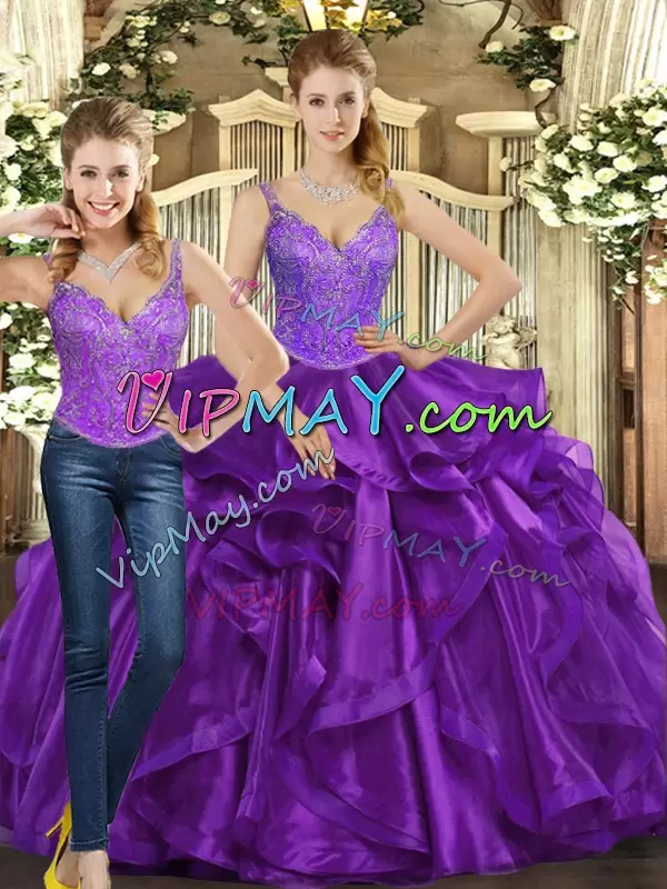 Great Straps Sleeveless Quince Ball Gowns Floor Length Beading and Ruffles Purple Organza