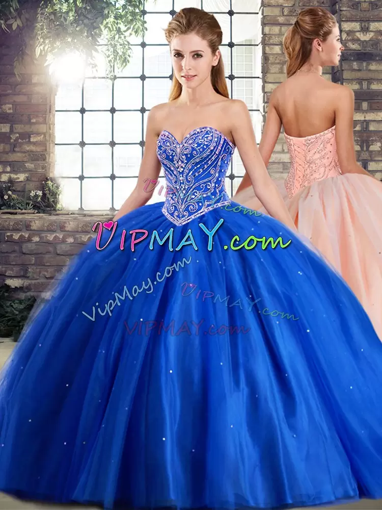 Sleeveless Tulle Brush Train Lace Up Sweet 16 Dress in Blue with Beading