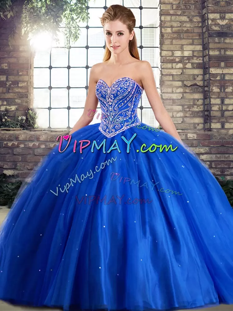 Sleeveless Tulle Brush Train Lace Up Sweet 16 Dress in Blue with Beading