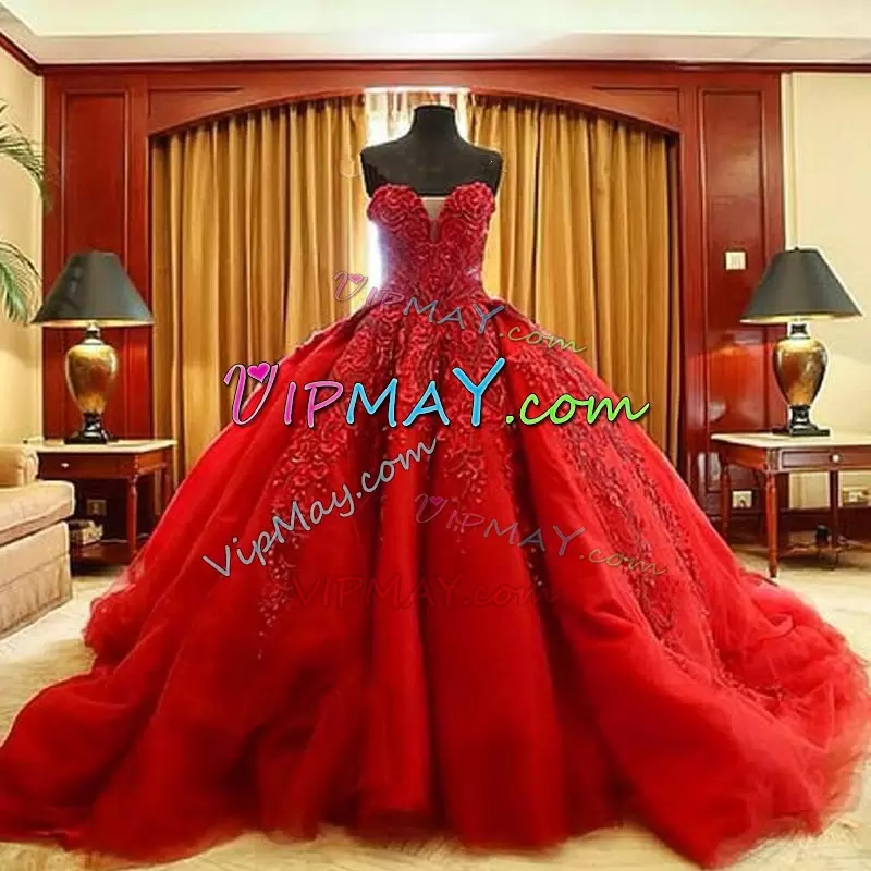 Elegant Puffy Ball Gown Sleeveless Red Quinceanera Gown Sweep Train Lace Up