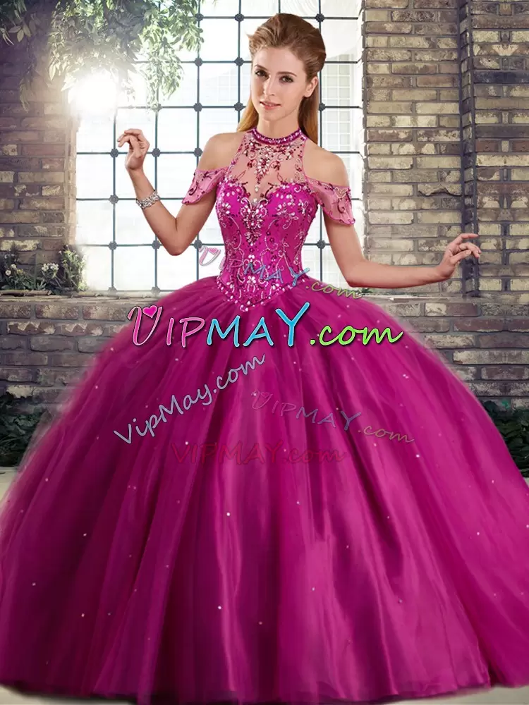 Pretty Fuchsia Sweet 16 Quinceanera Dress Tulle Brush Train Sleeveless Beading