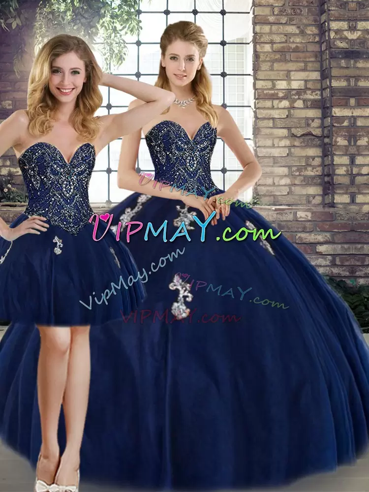 Navy Blue Tulle Lace Up Sweetheart Sleeveless Floor Length Quinceanera Dresses Beading and Appliques