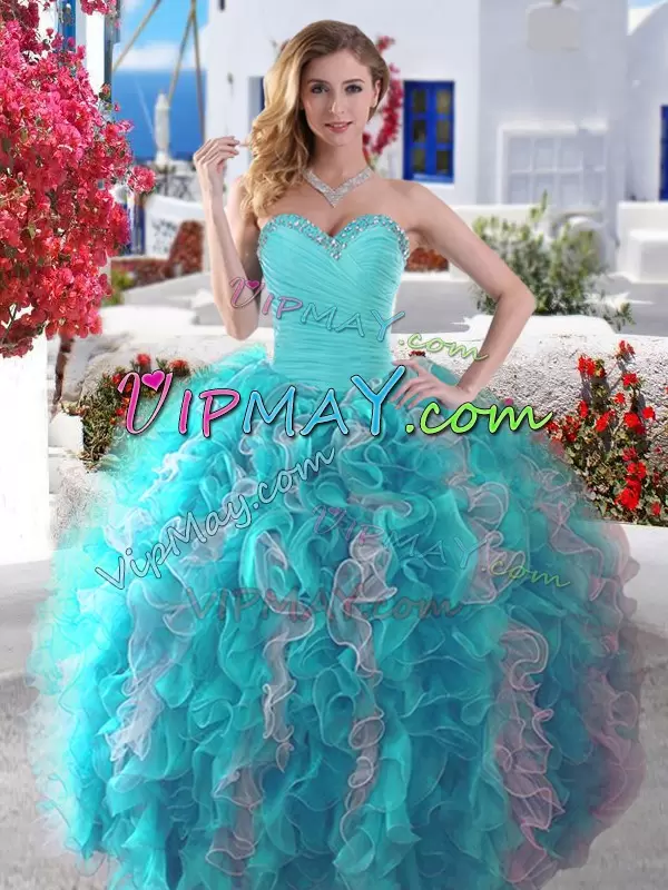 White and Baby Blue Organza Lace Up Quinceanera Dresses Sleeveless Floor Length Beading