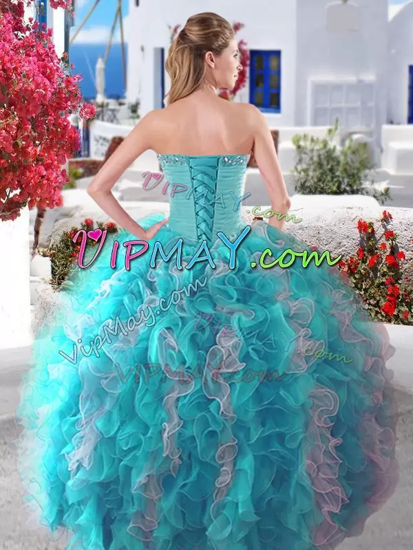 White and Baby Blue Organza Lace Up Quinceanera Dresses Sleeveless Floor Length Beading