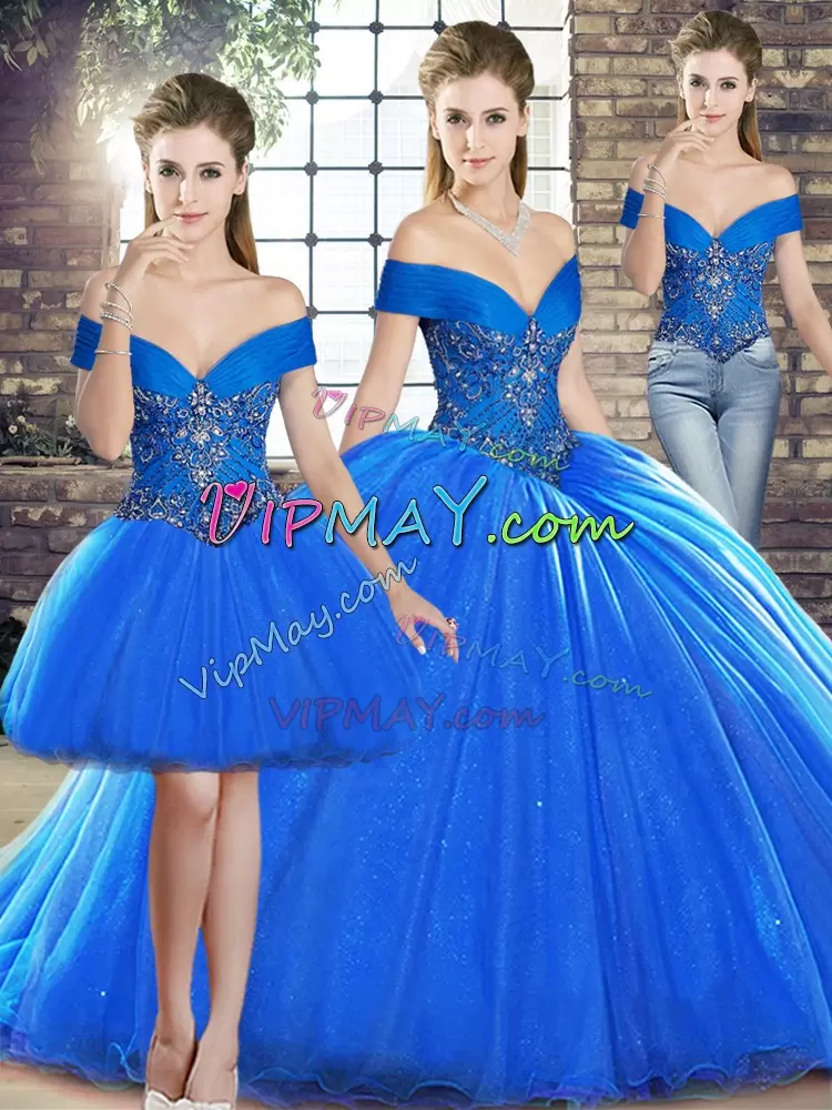 Colorful Royal Blue Three Pieces Off The Shoulder Sleeveless Organza Brush Train Lace Up Beading Vestidos de Quinceanera