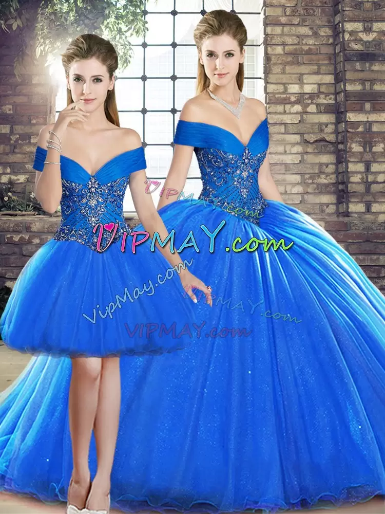 Colorful Royal Blue Three Pieces Off The Shoulder Sleeveless Organza Brush Train Lace Up Beading Vestidos de Quinceanera