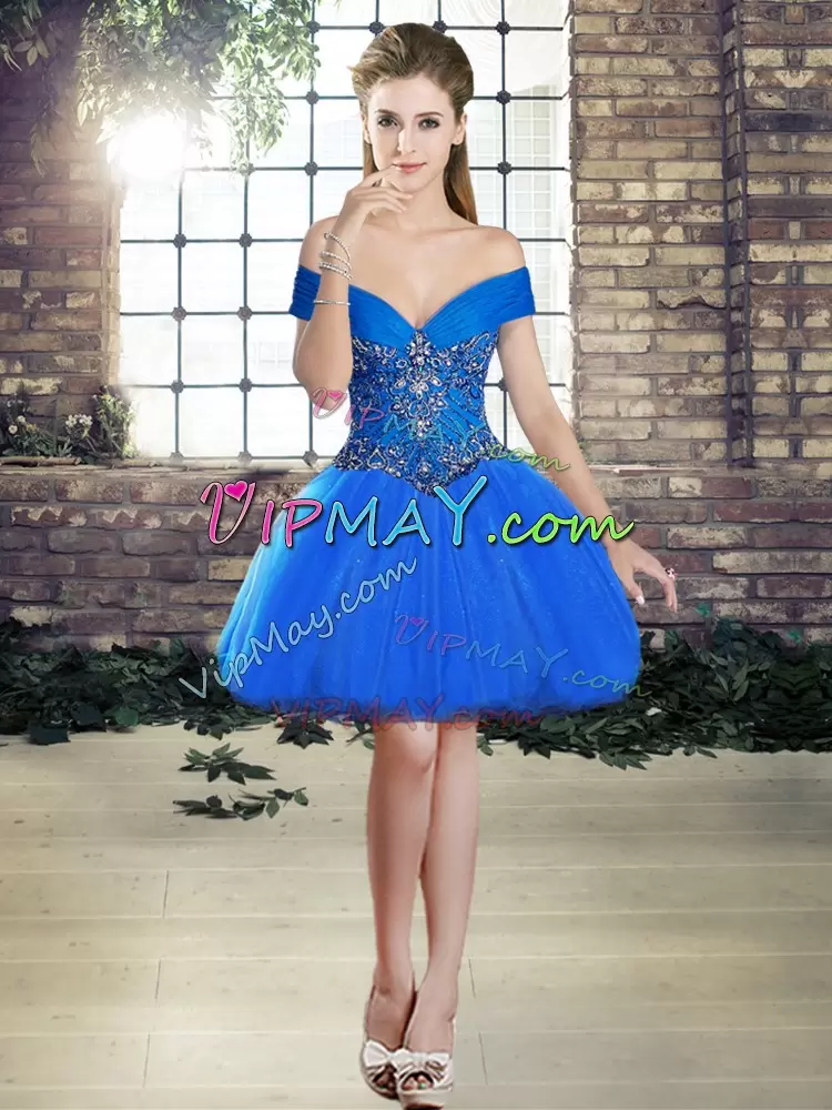Colorful Royal Blue Three Pieces Off The Shoulder Sleeveless Organza Brush Train Lace Up Beading Vestidos de Quinceanera