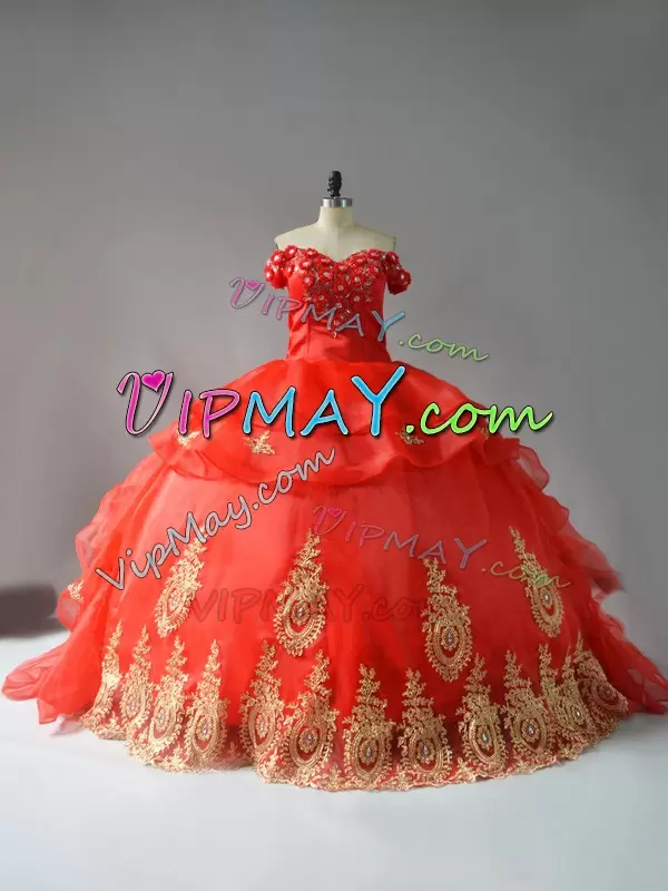 Organza Off The Shoulder Sleeveless Court Train Lace Up Appliques and Hand Made Flower Sweet 16 Quinceanera Dress in Red