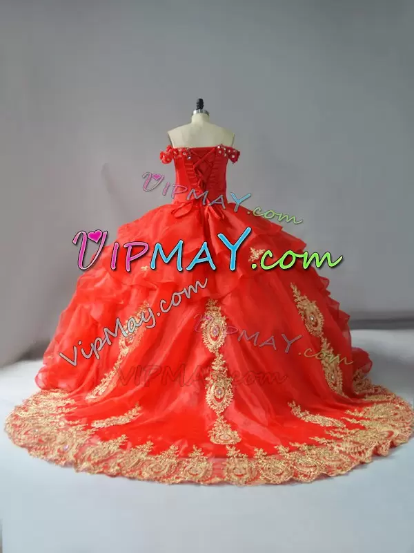 Organza Off The Shoulder Sleeveless Court Train Lace Up Appliques and Hand Made Flower Sweet 16 Quinceanera Dress in Red