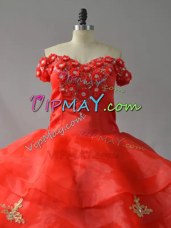 Organza Off The Shoulder Sleeveless Court Train Lace Up Appliques and Hand Made Flower Sweet 16 Quinceanera Dress in Red