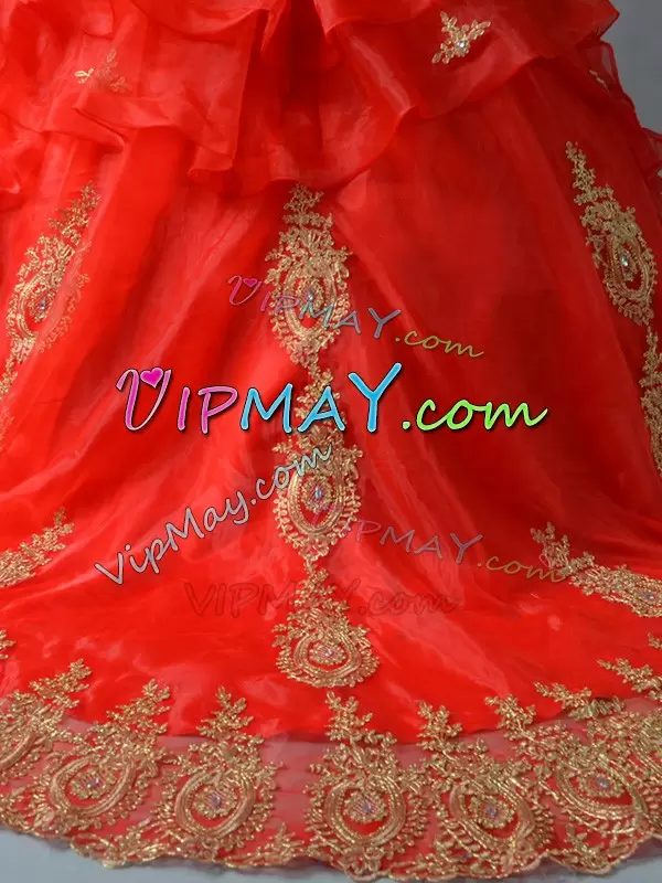 Organza Off The Shoulder Sleeveless Court Train Lace Up Appliques and Hand Made Flower Sweet 16 Quinceanera Dress in Red