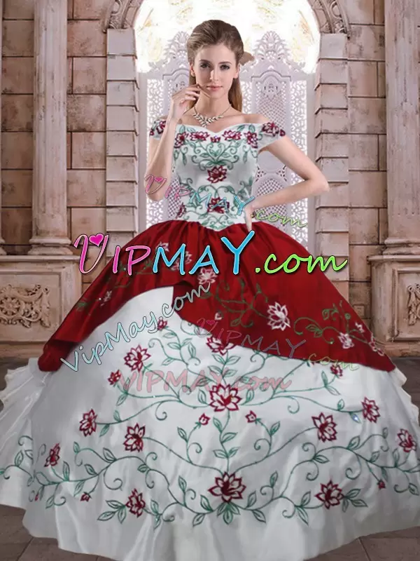 Sophisticated White And Red Sleeveless Taffeta Lace Up Quinceanera Gown for Military Ball and Sweet 16 and Quinceanera