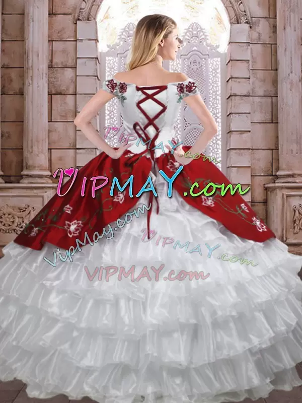 Sophisticated White And Red Sleeveless Taffeta Lace Up Quinceanera Gown for Military Ball and Sweet 16 and Quinceanera