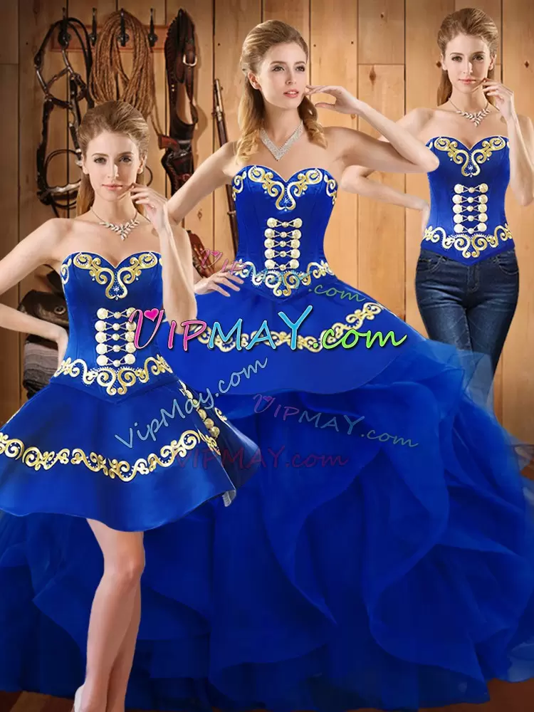 Fancy Blue Lace Up Sweetheart Embroidery and Ruffles Quinceanera Gowns Organza Sleeveless