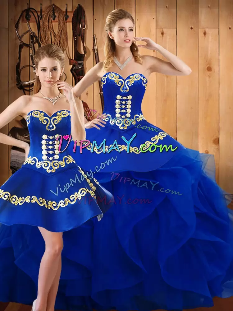 Fancy Blue Lace Up Sweetheart Embroidery and Ruffles Quinceanera Gowns Organza Sleeveless