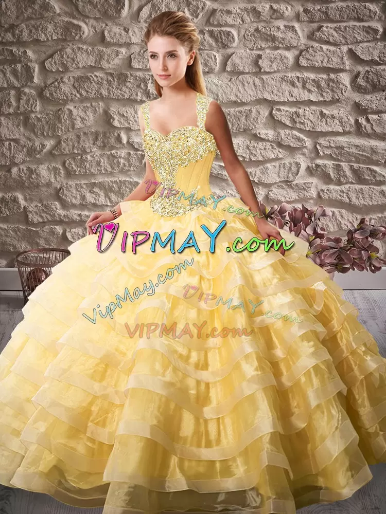 Beautiful Gold Sleeveless Organza Court Train Lace Up Quinceanera Dress for Sweet 16 and Quinceanera