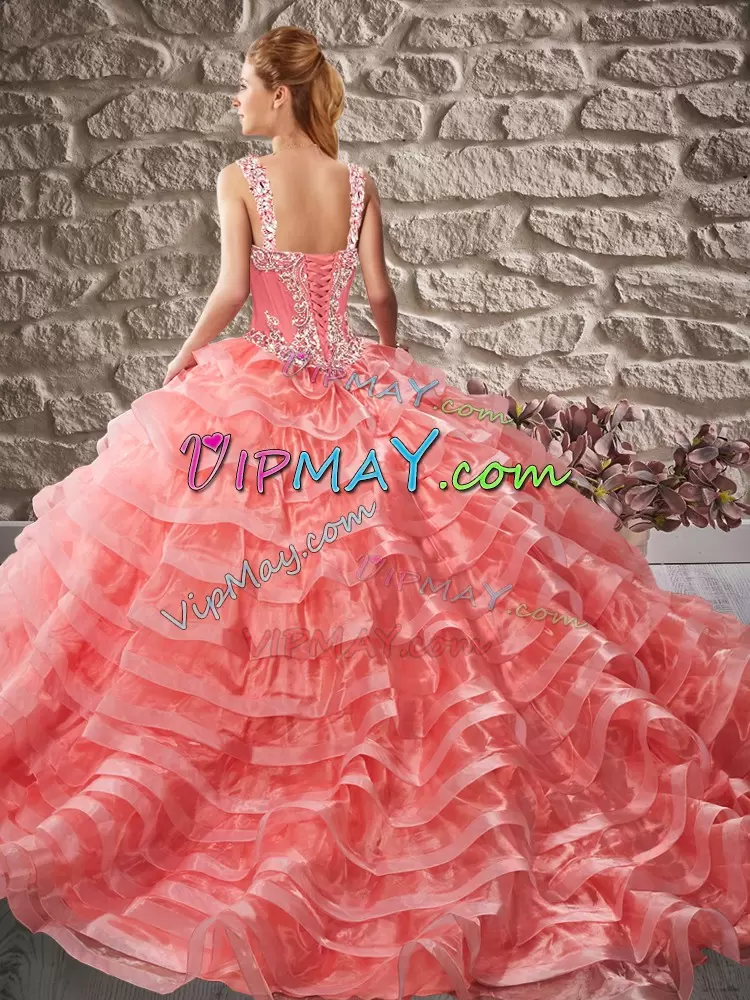 Beautiful Gold Sleeveless Organza Court Train Lace Up Quinceanera Dress for Sweet 16 and Quinceanera