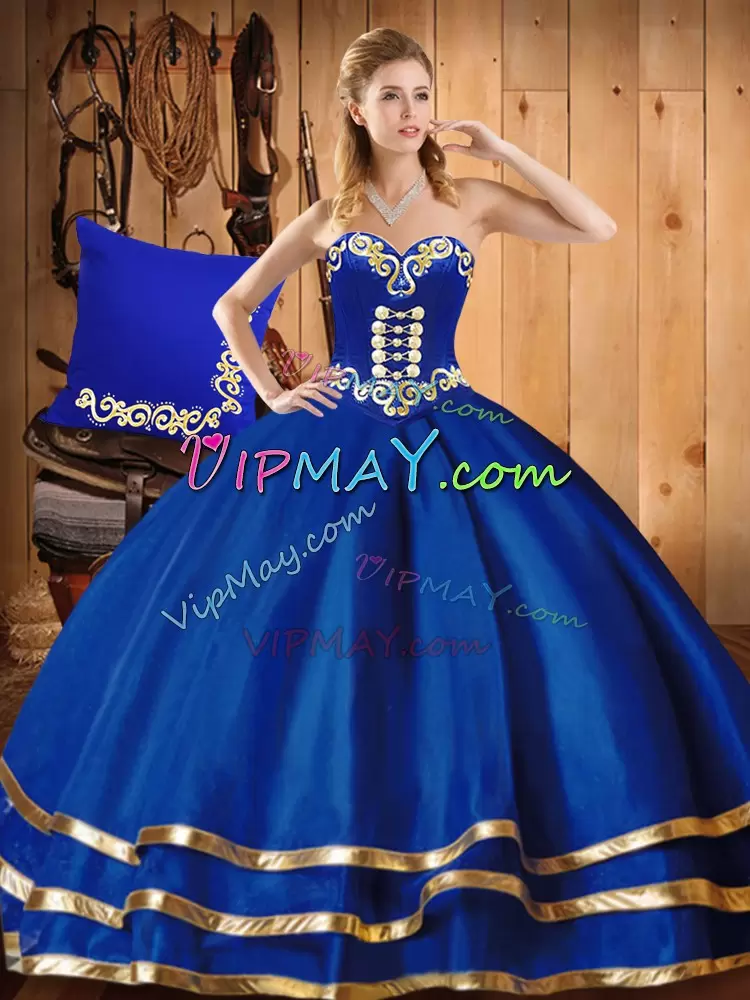 Hot Selling Blue Organza Lace Up Sweetheart Sleeveless Floor Length Vestidos de Quinceanera Embroidery