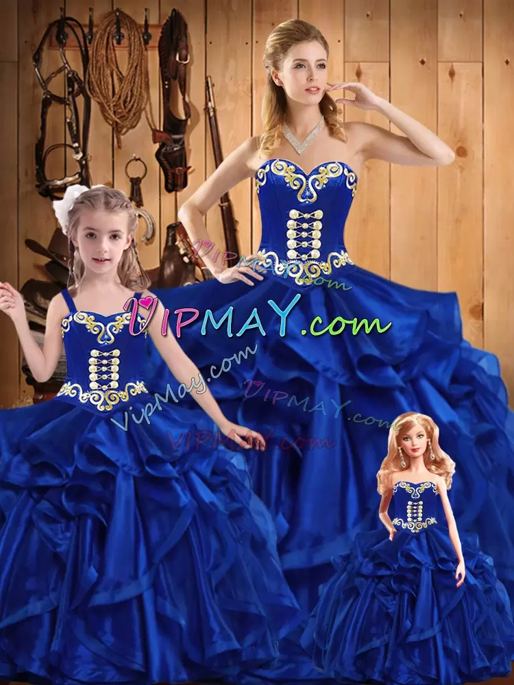 Organza Sweetheart Sleeveless Lace Up Embroidery and Ruffles Quinceanera Gown in Royal Blue