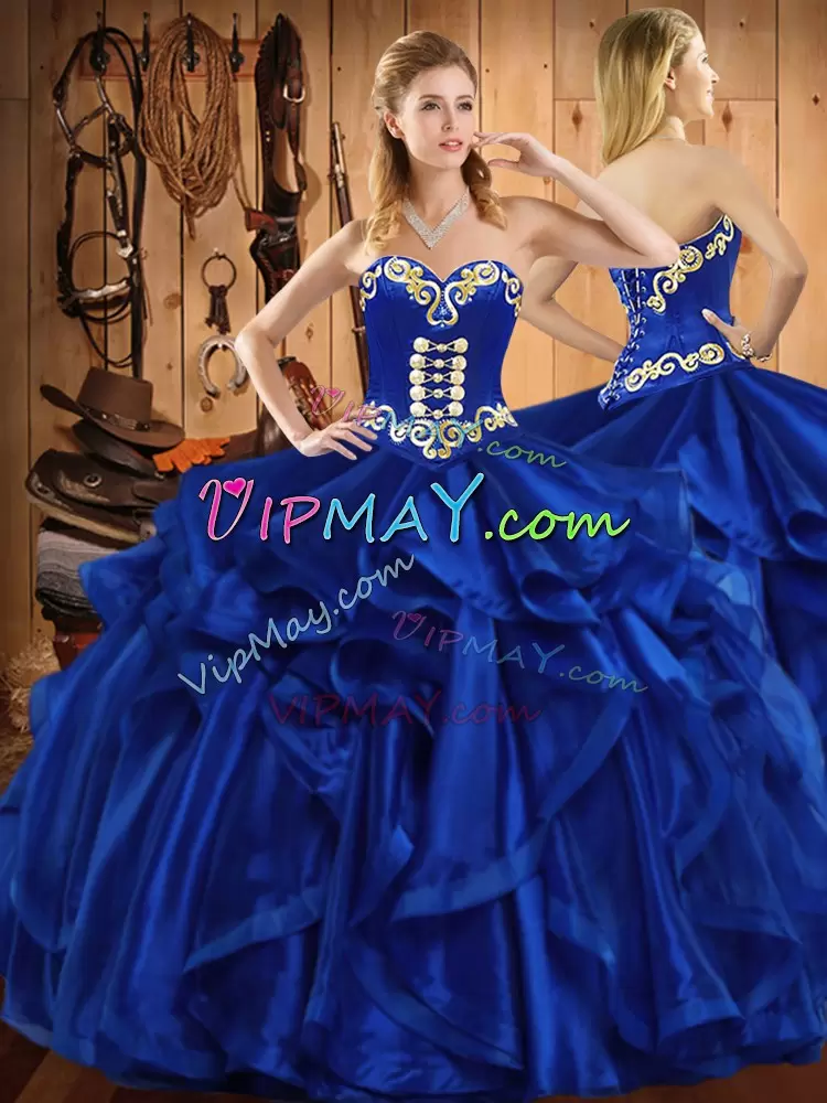 Organza Sweetheart Sleeveless Lace Up Embroidery and Ruffles Quinceanera Gown in Royal Blue