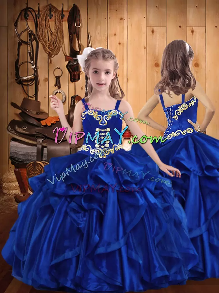 Organza Sweetheart Sleeveless Lace Up Embroidery and Ruffles Quinceanera Gown in Royal Blue