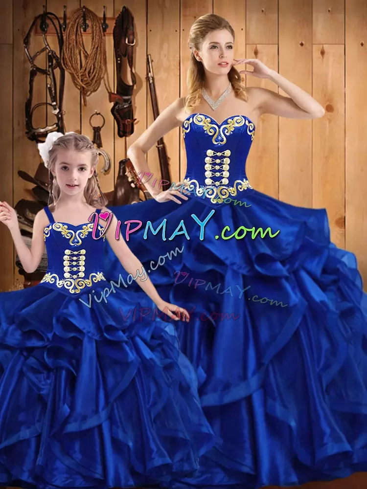 Organza Sweetheart Sleeveless Lace Up Embroidery and Ruffles Quinceanera Gown in Royal Blue