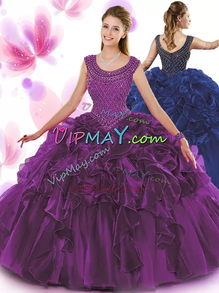 Wonderful Organza Scoop Sleeveless Zipper Beading and Ruffles Quince Ball Gowns in Dark Purple