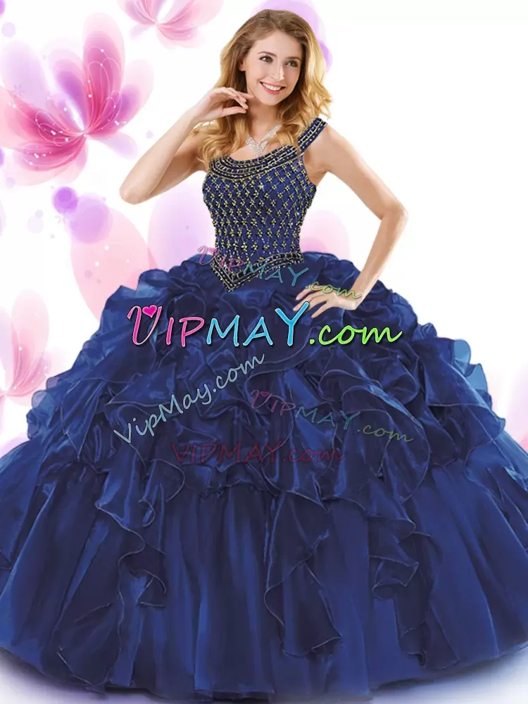 Wonderful Organza Scoop Sleeveless Zipper Beading and Ruffles Quince Ball Gowns in Dark Purple