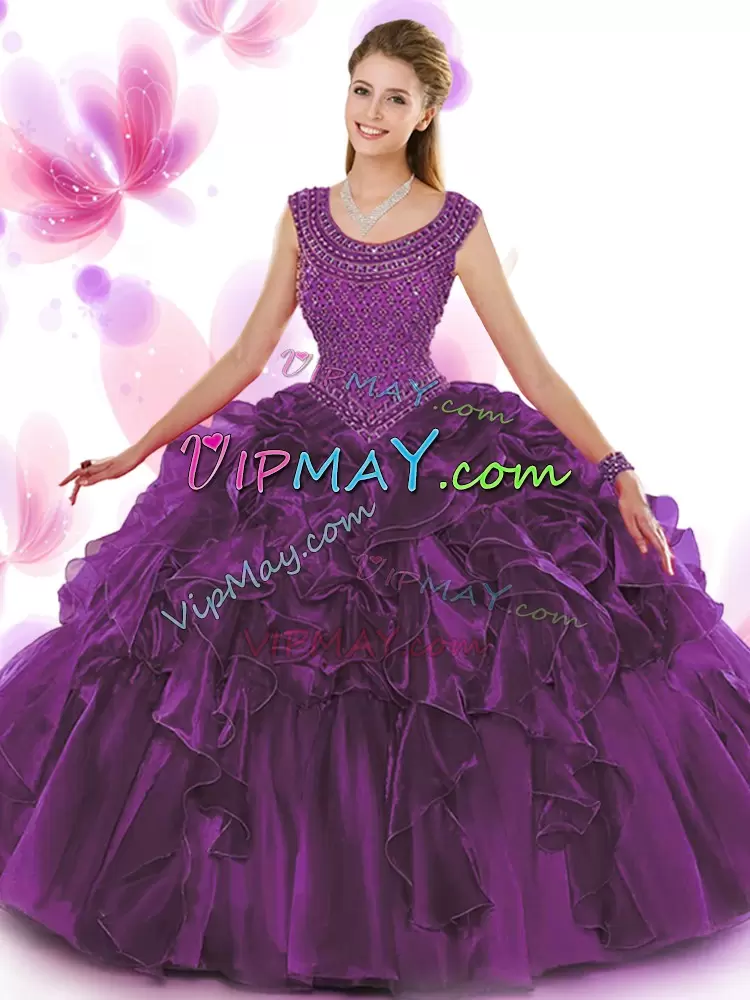 Wonderful Organza Scoop Sleeveless Zipper Beading and Ruffles Quince Ball Gowns in Dark Purple