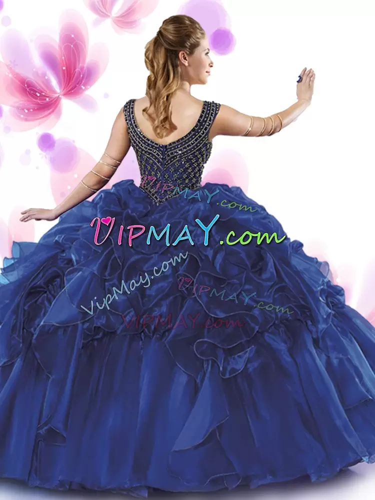 Wonderful Organza Scoop Sleeveless Zipper Beading and Ruffles Quince Ball Gowns in Dark Purple