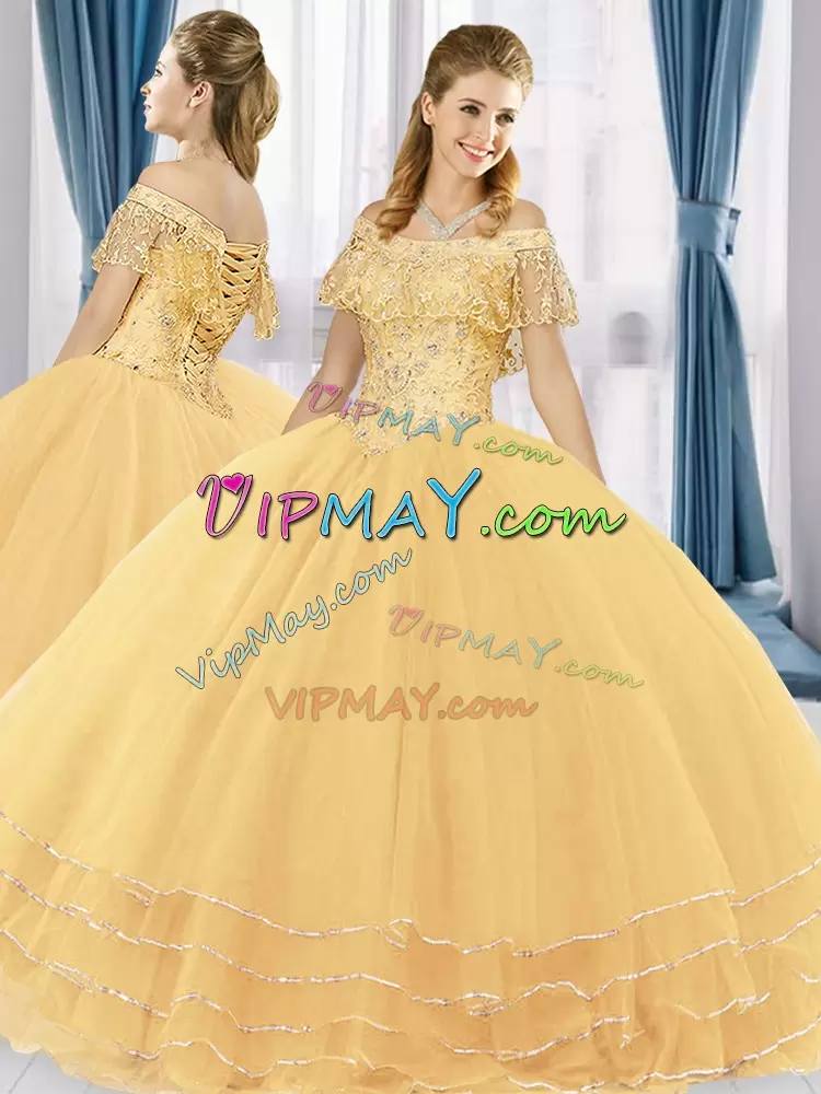 Free and Easy Gold Short Sleeves Floor Length Beading and Ruffled Layers Lace Up Quince Ball Gowns Off The Shoulder