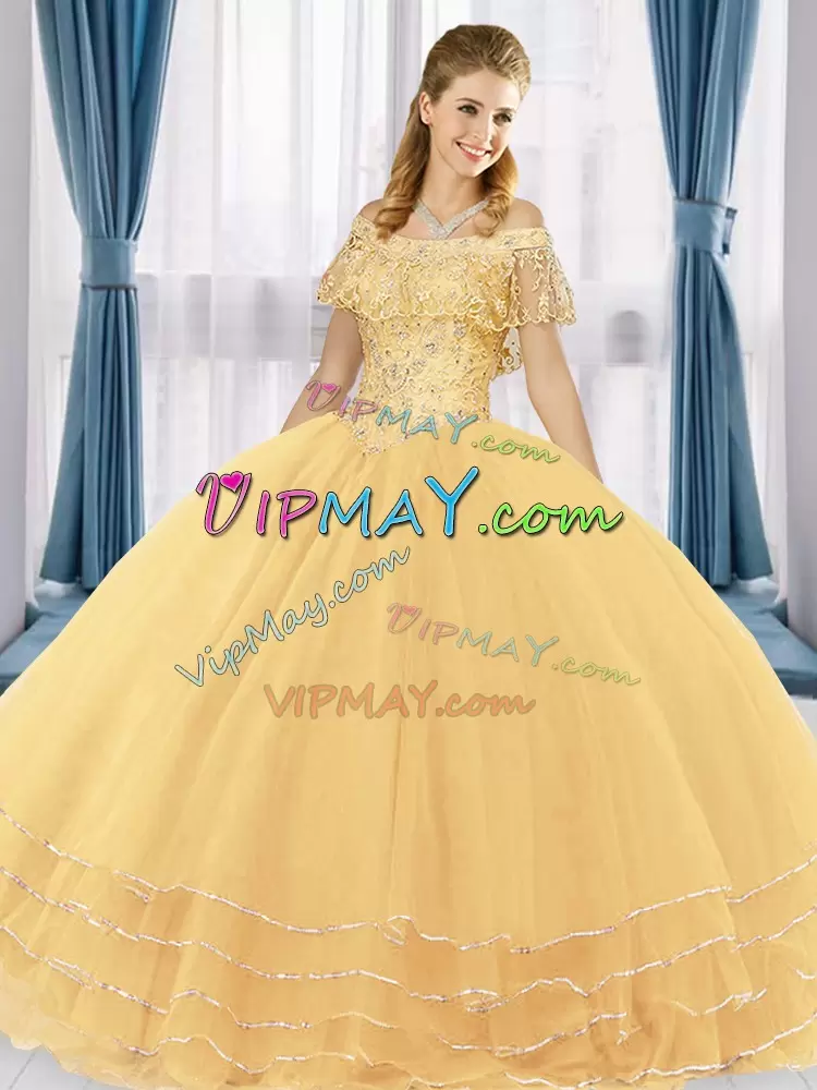 Free and Easy Gold Short Sleeves Floor Length Beading and Ruffled Layers Lace Up Quince Ball Gowns Off The Shoulder